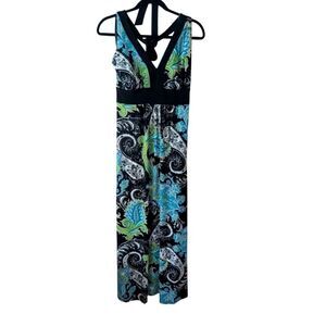 Bisou Bisou Blue Green Paisley Y2K Halter Maxi Dress Size 14W